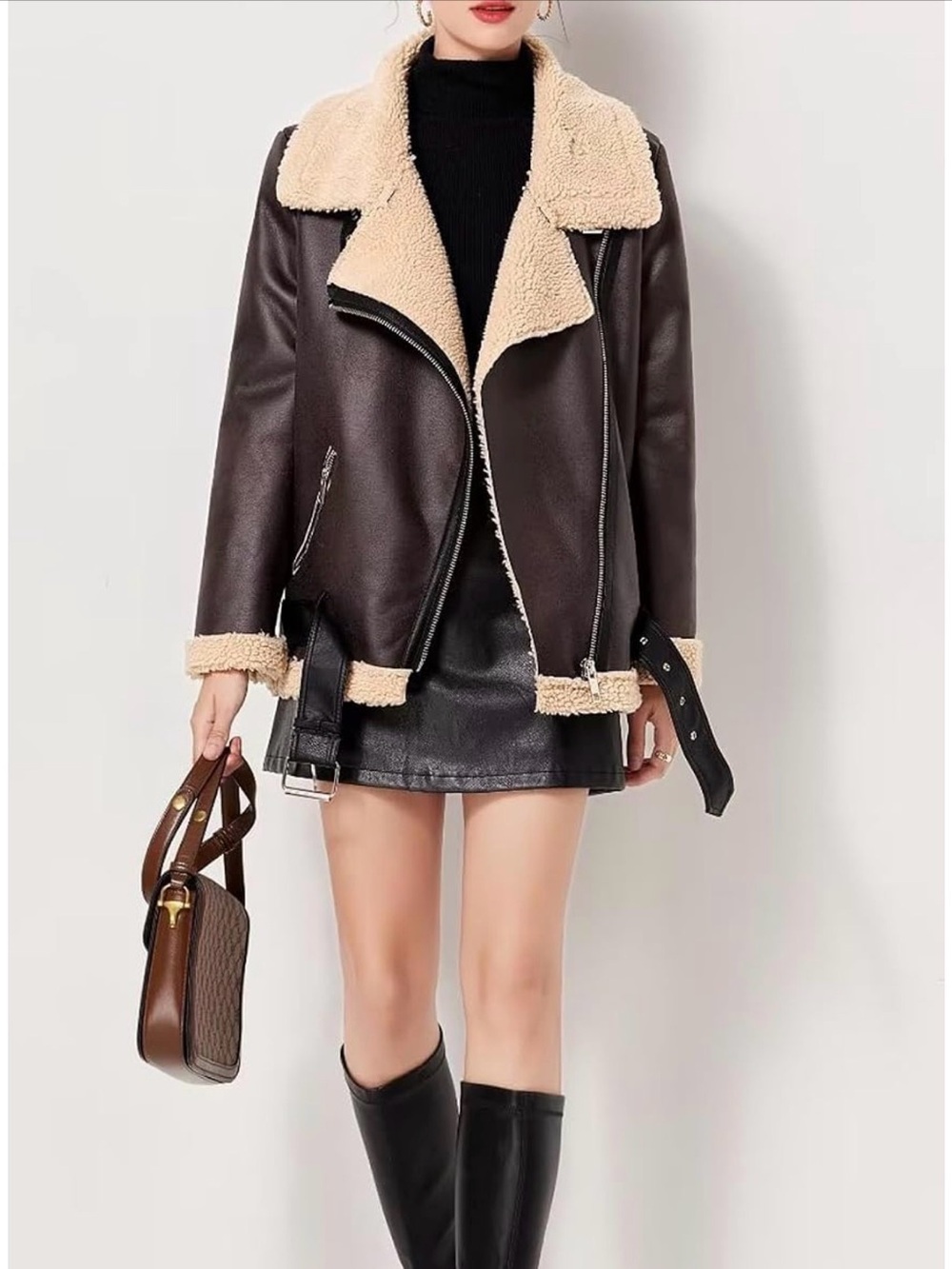NEW Dark Brown Faux-Leather Shearling Moto Jacket M